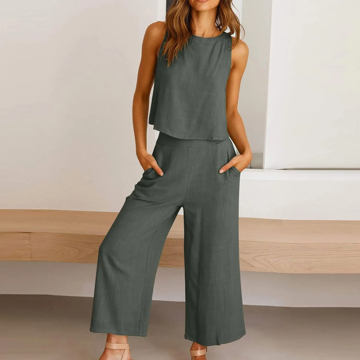 2 Piece Outfits for Women Summer Casual Tanks Cotton Linen Crop Tops w Wide Leg Pants Linen Trousers Fashion Clothes