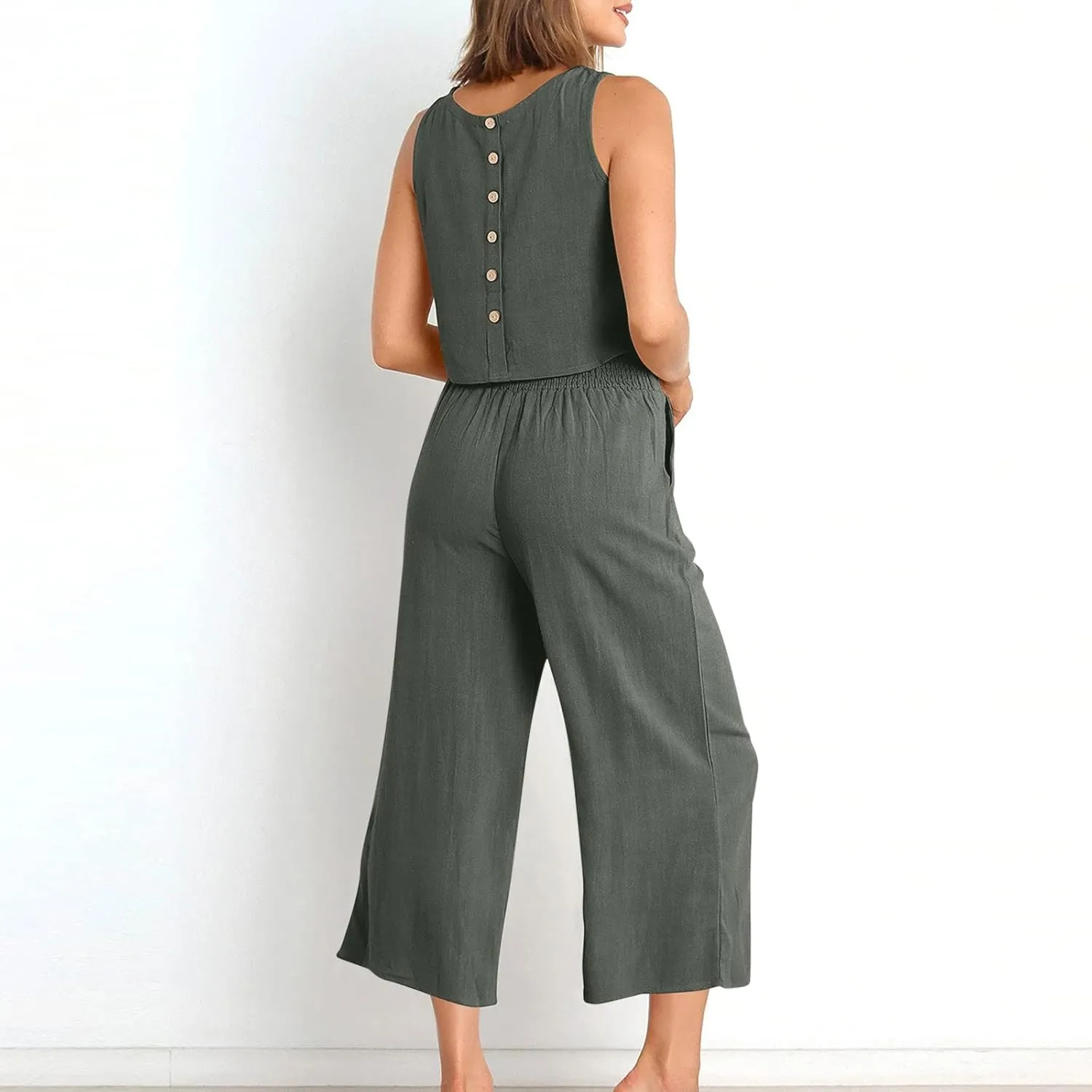 2 Piece Outfits for Women Summer Casual Tanks Cotton Linen Crop Tops w Wide Leg Pants Linen Trousers Fashion Clothes