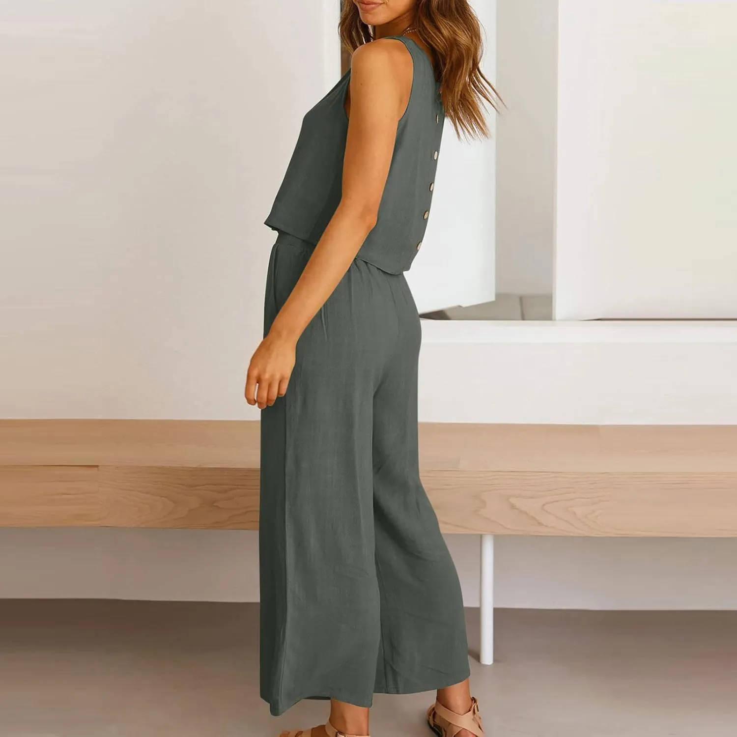 2 Piece Outfits for Women Summer Casual Tanks Cotton Linen Crop Tops w Wide Leg Pants Linen Trousers Fashion Clothes