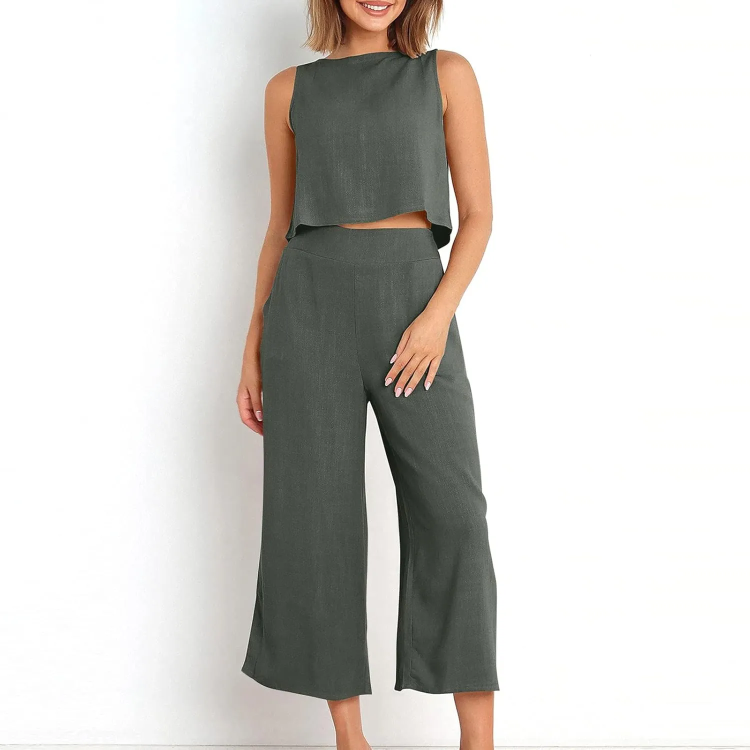 2 Piece Outfits for Women Summer Casual Tanks Cotton Linen Crop Tops w Wide Leg Pants Linen Trousers Fashion Clothes