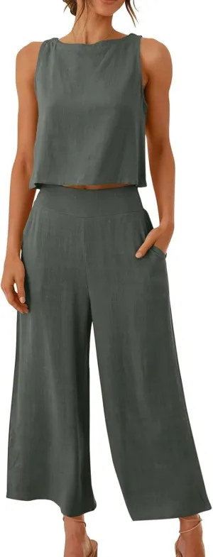 2 Piece Outfits for Women Summer Casual Tanks Cotton Linen Crop Tops w Wide Leg Pants Linen Trousers Fashion Clothes