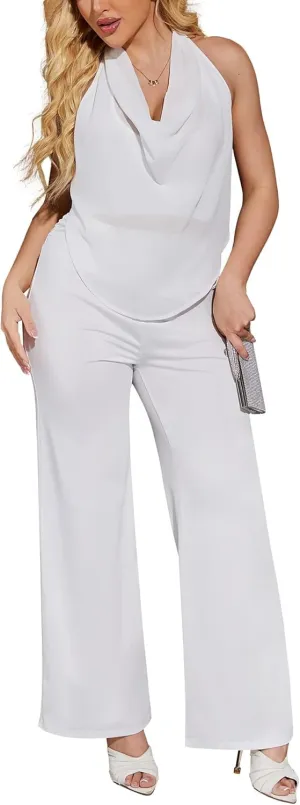 2 Piece Sets for Women Sexy Summer Mesh Halter V Neck Tank Tops High Waist Wide Leg Pants Sets Clubwear Outfits Jumpsuits