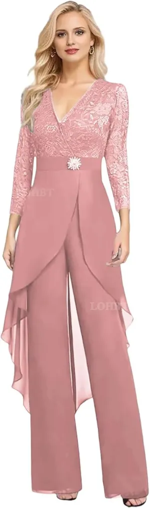 2 Pieces Mother of The Bride Pant Suits for Women Dressy Lace Appliques Rhinestone Chiffon Formal Jumpsuits Outfit Sets