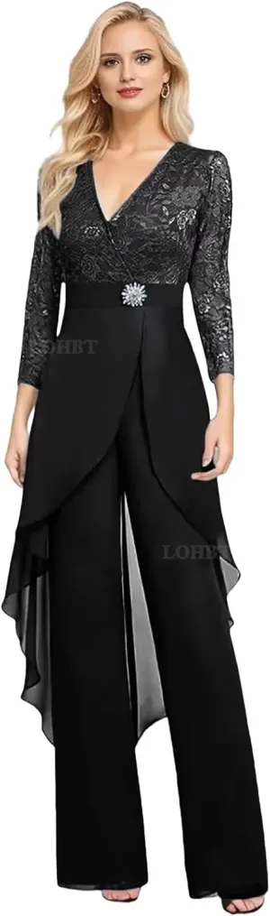 2 Pieces Mother of The Bride Pant Suits for Women Dressy Lace Appliques Rhinestone Chiffon Formal Jumpsuits Outfit Sets