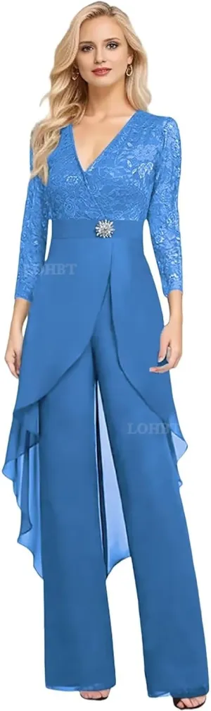 2 Pieces Mother of The Bride Pant Suits for Women Dressy Lace Appliques Rhinestone Chiffon Formal Jumpsuits Outfit Sets