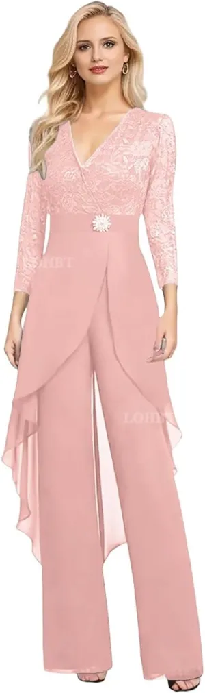 2 Pieces Mother of The Bride Pant Suits for Women Dressy Lace Appliques Rhinestone Chiffon Formal Jumpsuits Outfit Sets