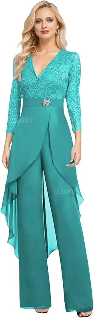 2 Pieces Mother of The Bride Pant Suits for Women Dressy Lace Appliques Rhinestone Chiffon Formal Jumpsuits Outfit Sets