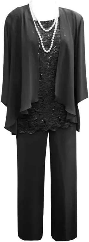 3 Piece Mother of The Bride Pant Suits for Wedding Chiffon Lace Long Sleeve Formal Evening Party Gown with Jacket