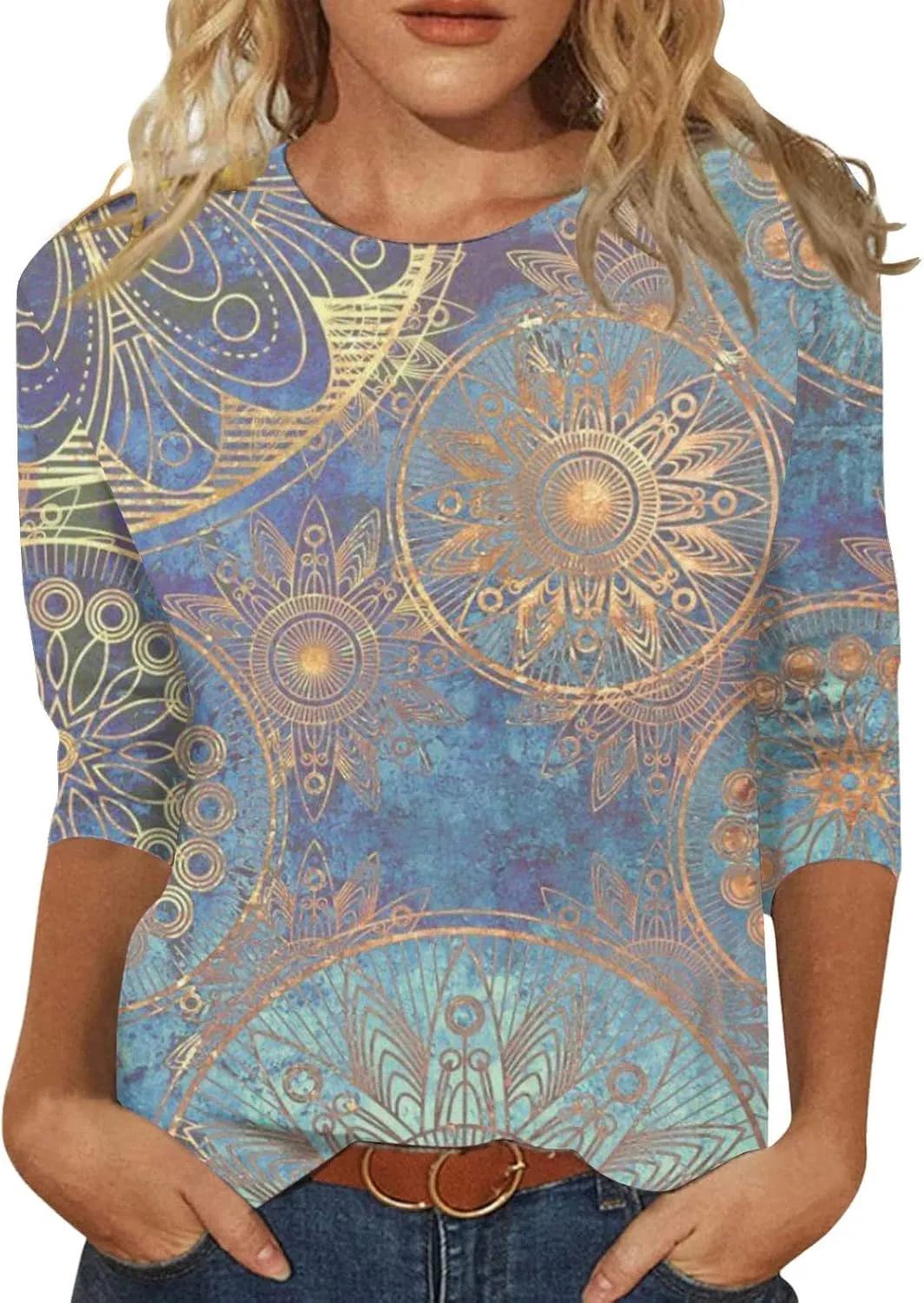3/4 Length Sleeve Womens Tops 2025 Summer Print Round Neck Shirts Loose Fit Casual Three Quarter Sleeve Tshirts
