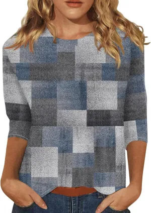3/4 Length Sleeve Womens Tops 2025 Summer Print Round Neck Shirts Loose Fit Casual Three Quarter Sleeve Tshirts