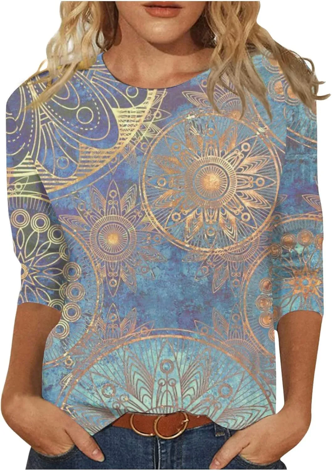 3/4 Length Sleeve Womens Tops 2025 Summer Print Round Neck Shirts Loose Fit Casual Three Quarter Sleeve Tshirts