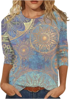3/4 Length Sleeve Womens Tops 2025 Summer Print Round Neck Shirts Loose Fit Casual Three Quarter Sleeve Tshirts