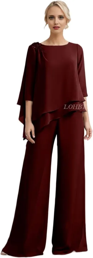 3/4 Sleeves Mother of The Bride Pant Suits for Wedding Tiered Lace Appliques Chiffon Long Formal Jumpsuits Sets