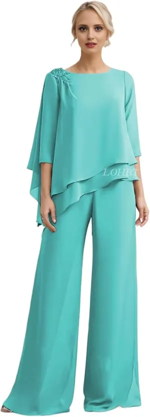 3/4 Sleeves Mother of The Bride Pant Suits for Wedding Tiered Lace Appliques Chiffon Long Formal Jumpsuits Sets