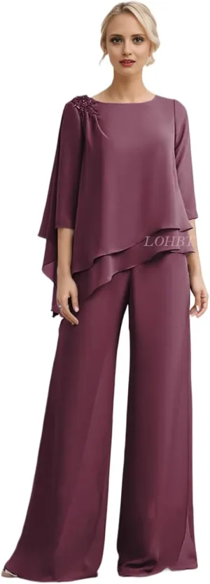 3/4 Sleeves Mother of The Bride Pant Suits for Wedding Tiered Lace Appliques Chiffon Long Formal Jumpsuits Sets