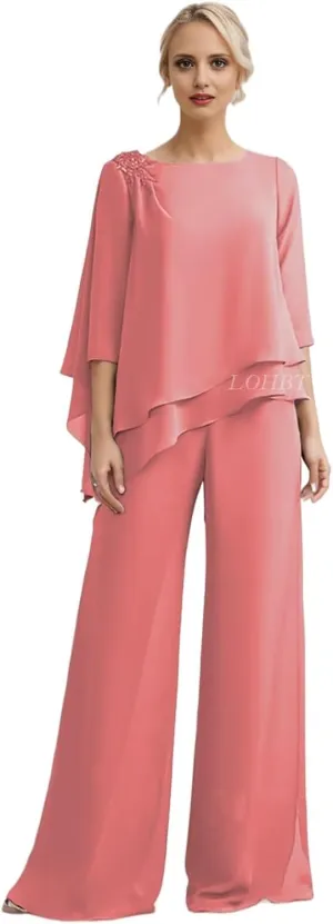 3/4 Sleeves Mother of The Bride Pant Suits for Wedding Tiered Lace Appliques Chiffon Long Formal Jumpsuits Sets