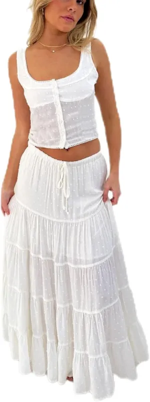 Adoeren Women Y2k Maxi Skirt Sets Ruffle Cami Crop Top Tiered Pleated Long Skirt 2 Piece Outfits Summer Casual Beachwear