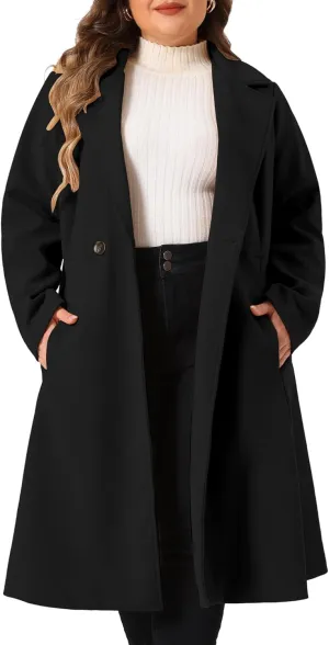 Agnes Orinda Plus Size Coats for Women Notch Lapel A Line Double Breasted Elegant Trench Winter Dress Pea Coats