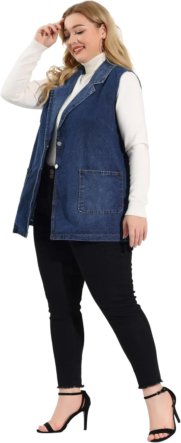 Agnes Orinda Plus Size Denim Vests for Women Dressy Sleeveless Lapel Casual Long Jean Jackets Tunic Vest