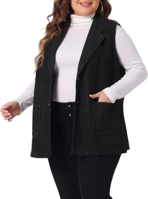 Agnes Orinda Plus Size Denim Vests for Women Dressy Sleeveless Lapel Casual Long Jean Jackets Tunic Vest