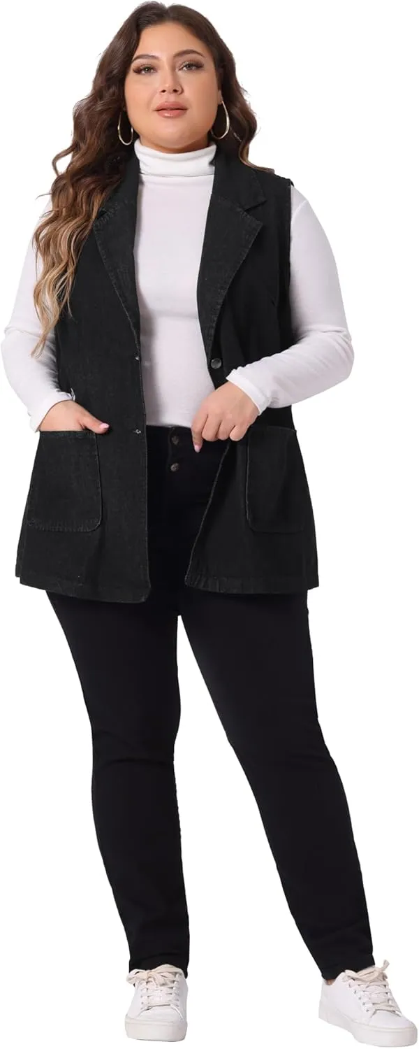 Agnes Orinda Plus Size Denim Vests for Women Dressy Sleeveless Lapel Casual Long Jean Jackets Tunic Vest