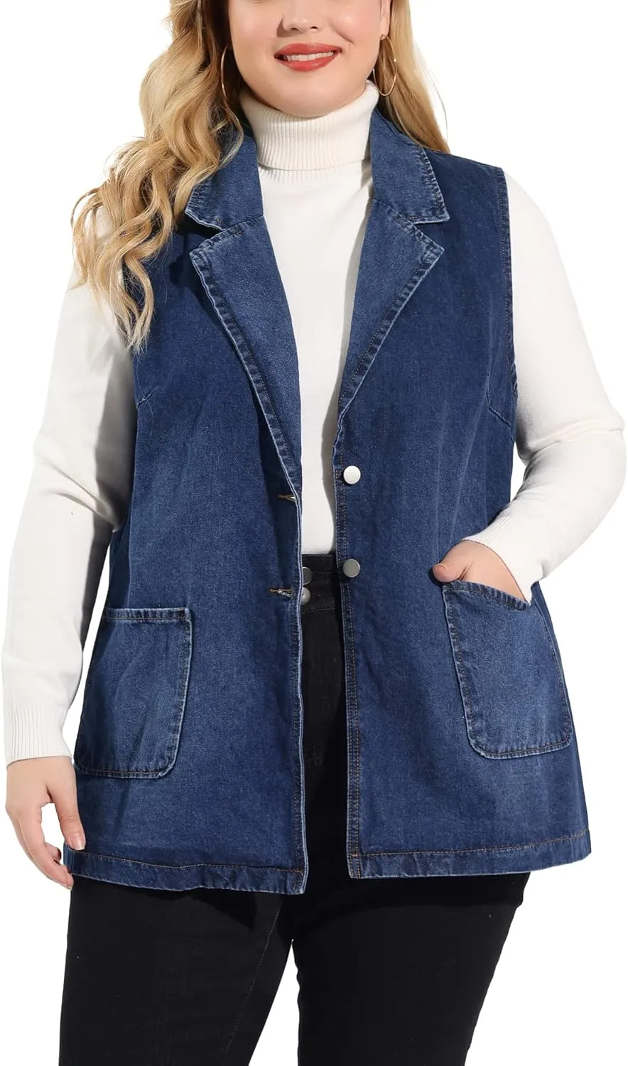 Agnes Orinda Plus Size Denim Vests for Women Dressy Sleeveless Lapel Casual Long Jean Jackets Tunic Vest