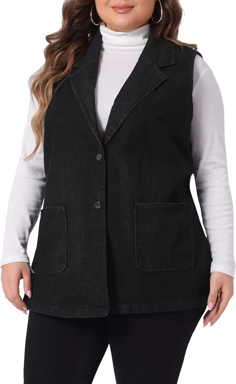 Agnes Orinda Plus Size Denim Vests for Women Dressy Sleeveless Lapel Casual Long Jean Jackets Tunic Vest