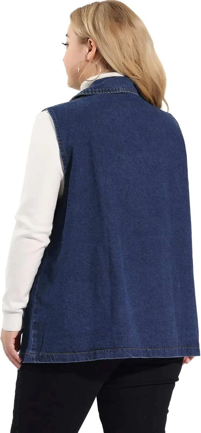 Agnes Orinda Plus Size Denim Vests for Women Dressy Sleeveless Lapel Casual Long Jean Jackets Tunic Vest