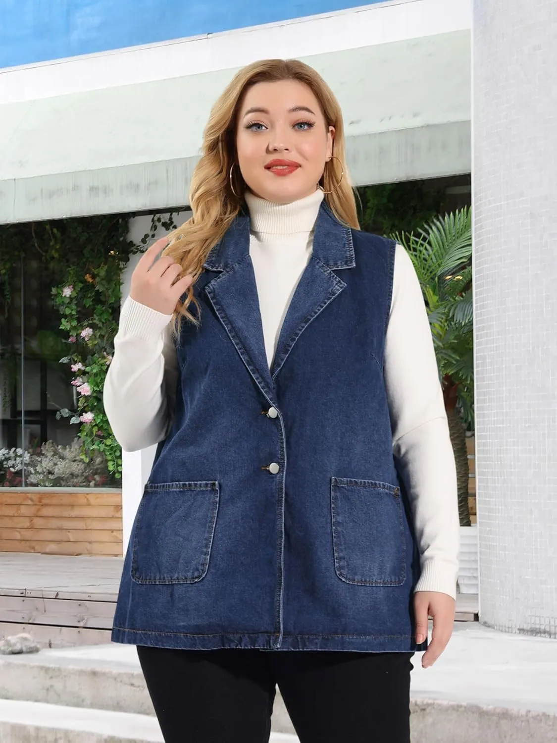 Agnes Orinda Plus Size Denim Vests for Women Dressy Sleeveless Lapel Casual Long Jean Jackets Tunic Vest
