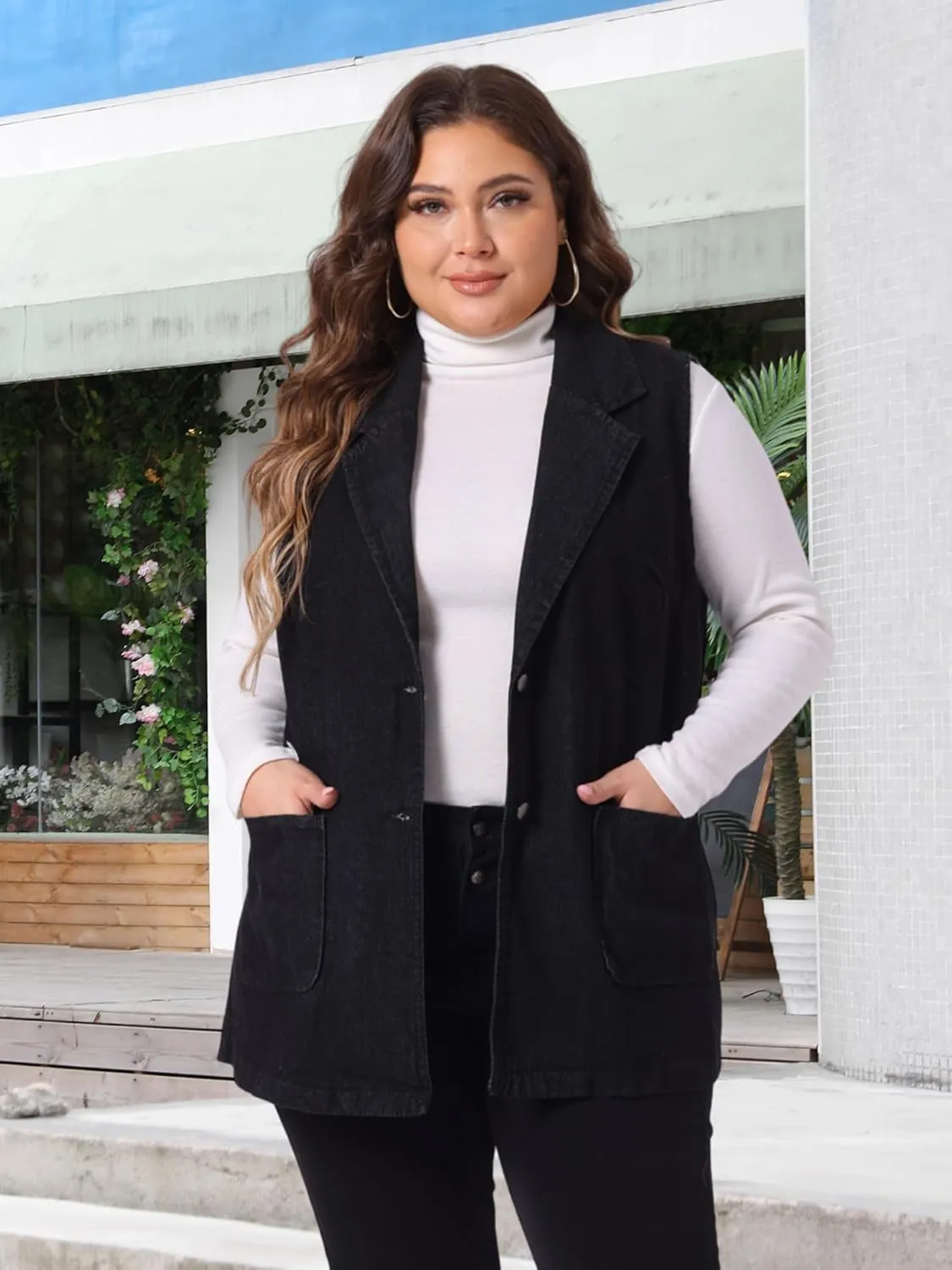 Agnes Orinda Plus Size Denim Vests for Women Dressy Sleeveless Lapel Casual Long Jean Jackets Tunic Vest