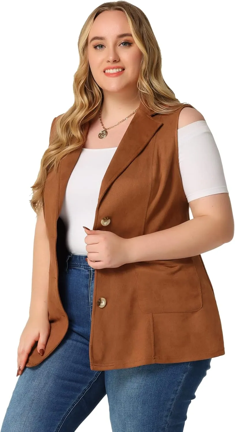 Agnes Orinda Plus Size Utility Vest for Women Lapel Sleeveless Lightweight Casual Suede Vests Jacket