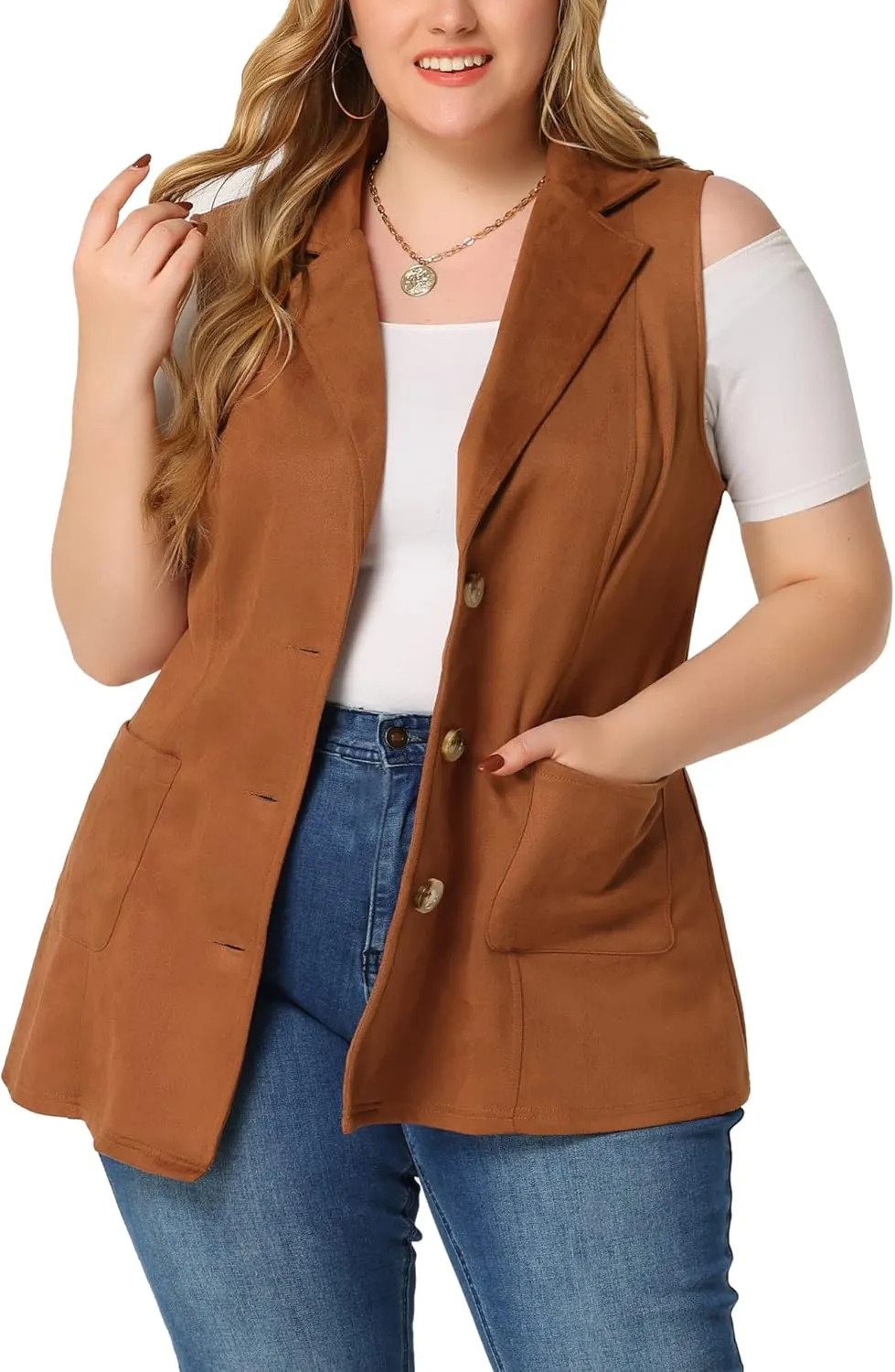 Agnes Orinda Plus Size Utility Vest for Women Lapel Sleeveless Lightweight Casual Suede Vests Jacket