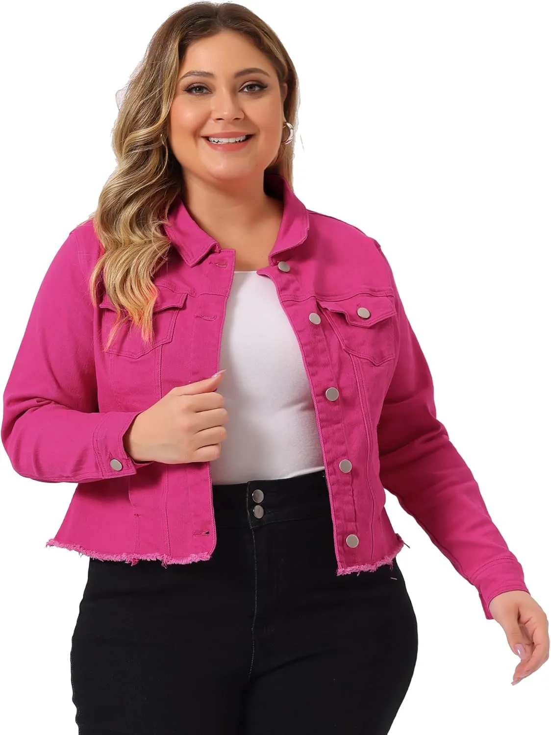 Agnes Orinda Women's Plus Size Classic Washed Front Frayed Denim Jacket