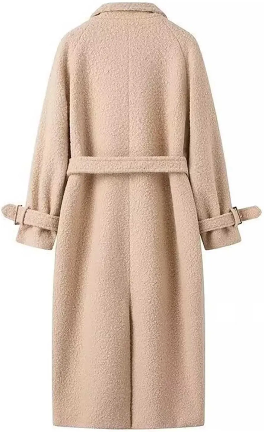 Akklian Women's Dress Coat Turndown Collar Belted Peacoat Trench Coats Trendy Wool Blend Jacket Overcoat Fall Winter 2024