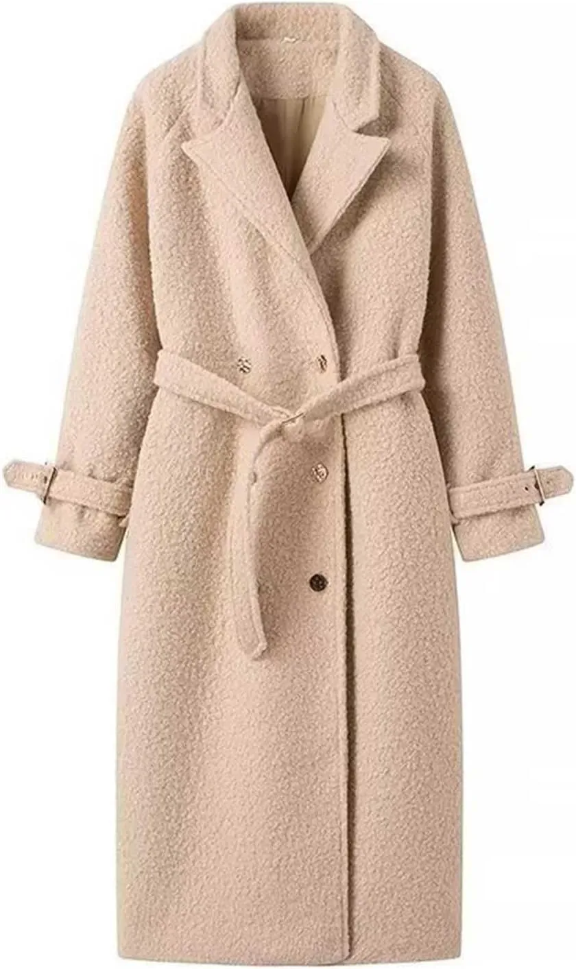 Akklian Women's Dress Coat Turndown Collar Belted Peacoat Trench Coats Trendy Wool Blend Jacket Overcoat Fall Winter 2024