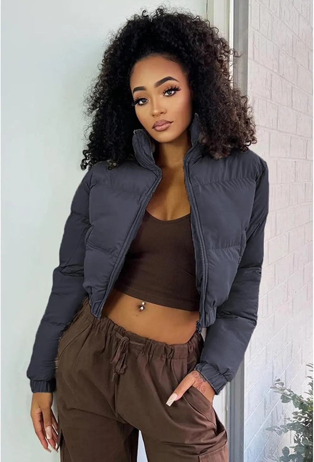 Alunzoem Puffer Jacket Womens Casual Long Sleeve Zip Up Winter Short Down Coat