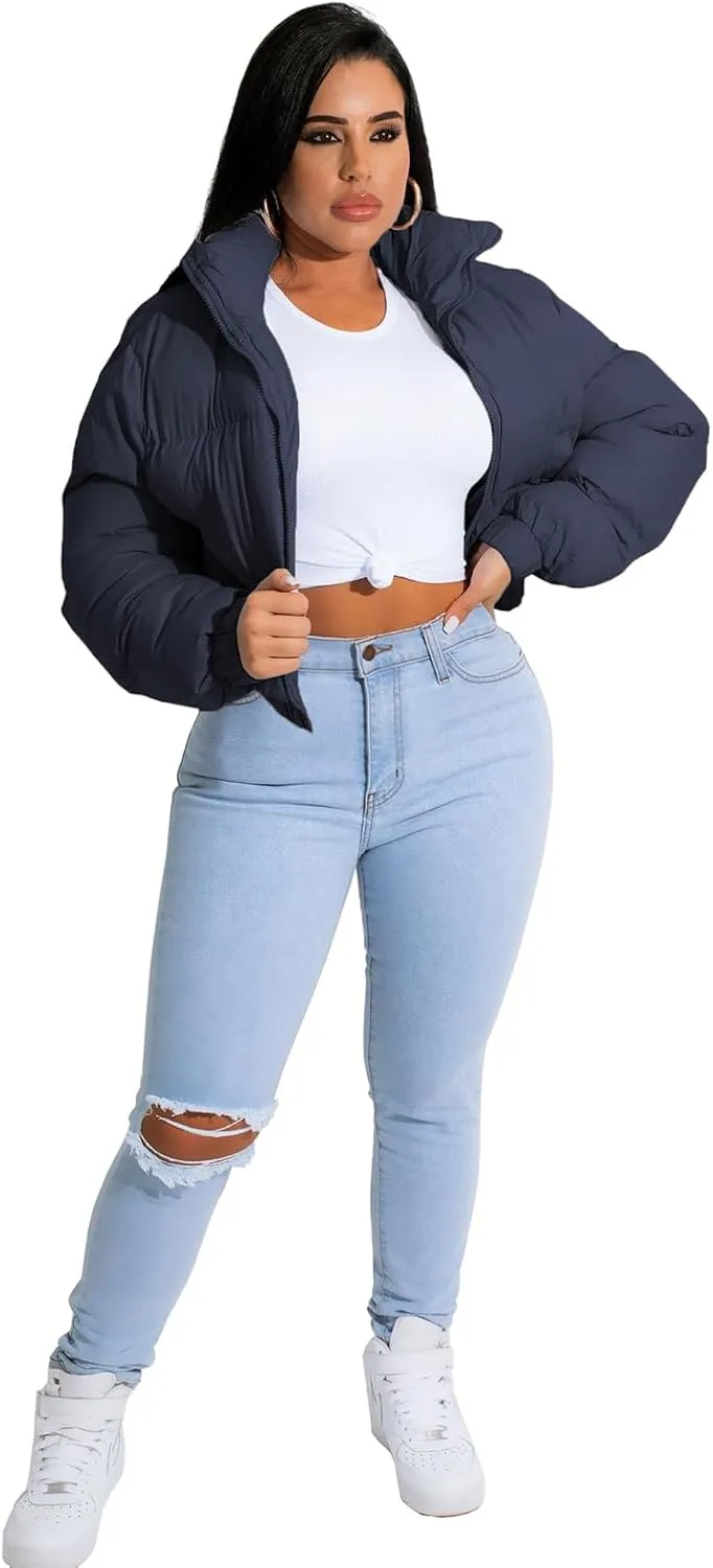 Alunzoem Puffer Jacket Womens Casual Long Sleeve Zip Up Winter Short Down Coat