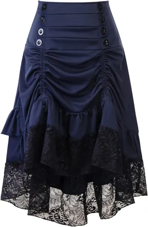 Aniywn Women's Lace Steampunk Gothic Long Maxi Skirt Victorian Ruffles Asymmetrical High-Low Skirt Dress for Party