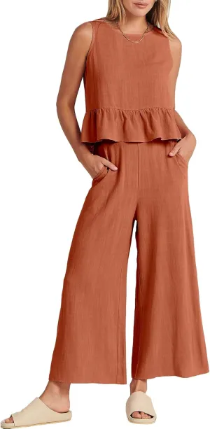 ANRABESS Women Summer 2 Piece Outfits Sleeveless Tank Crop Top Wide Leg Pants Linen Jumpsuits Lounge Matching Beach Sets