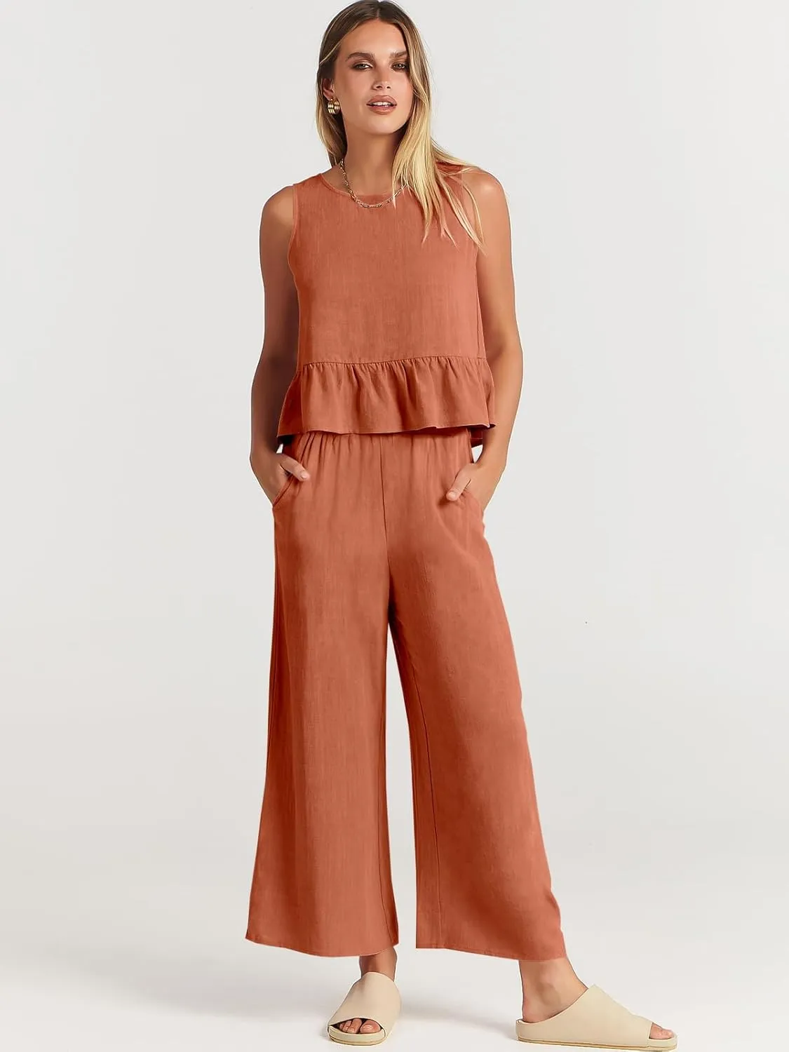 ANRABESS Women Summer 2 Piece Outfits Sleeveless Tank Crop Top Wide Leg Pants Linen Jumpsuits Lounge Matching Beach Sets
