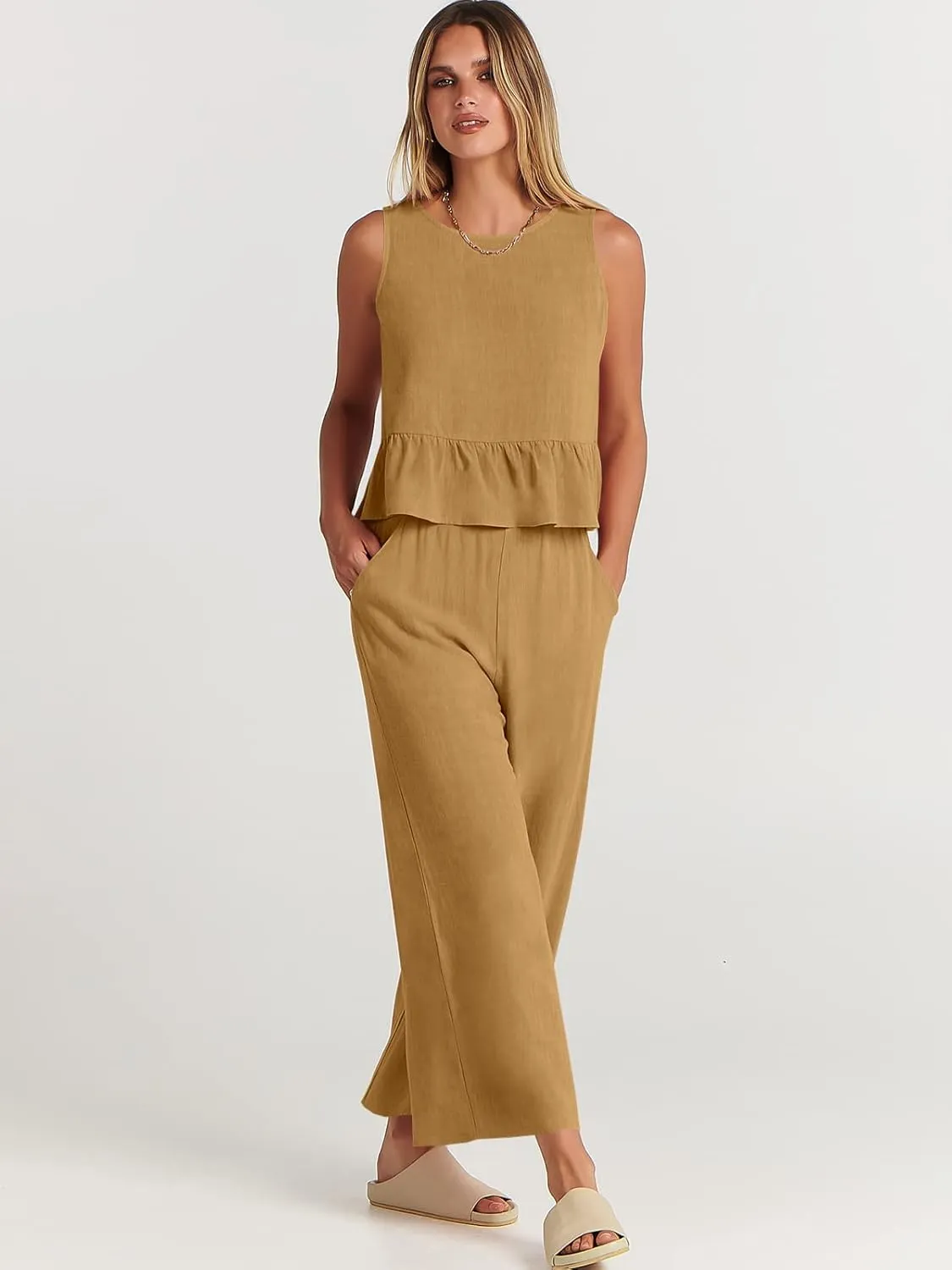ANRABESS Women Summer 2 Piece Outfits Sleeveless Tank Crop Top Wide Leg Pants Linen Jumpsuits Lounge Matching Beach Sets