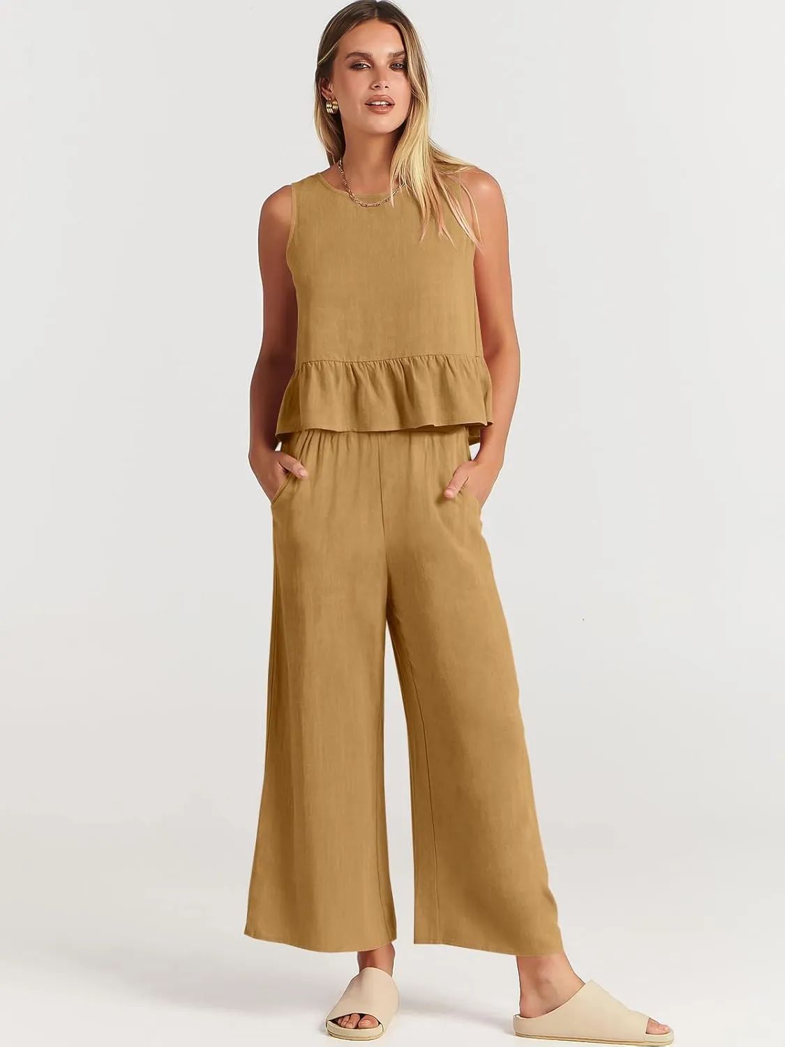 ANRABESS Women Summer 2 Piece Outfits Sleeveless Tank Crop Top Wide Leg Pants Linen Jumpsuits Lounge Matching Beach Sets