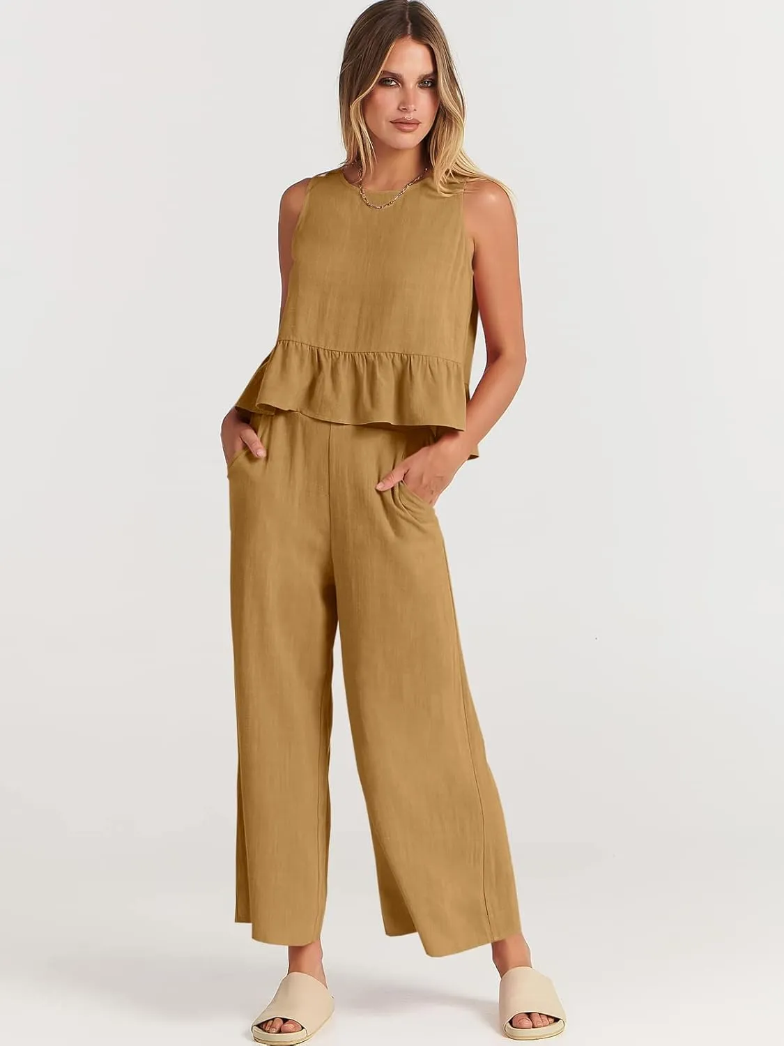 ANRABESS Women Summer 2 Piece Outfits Sleeveless Tank Crop Top Wide Leg Pants Linen Jumpsuits Lounge Matching Beach Sets