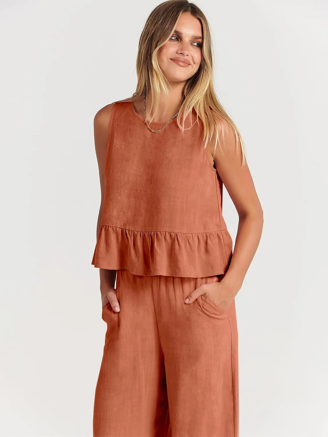 ANRABESS Women Summer 2 Piece Outfits Sleeveless Tank Crop Top Wide Leg Pants Linen Jumpsuits Lounge Matching Beach Sets