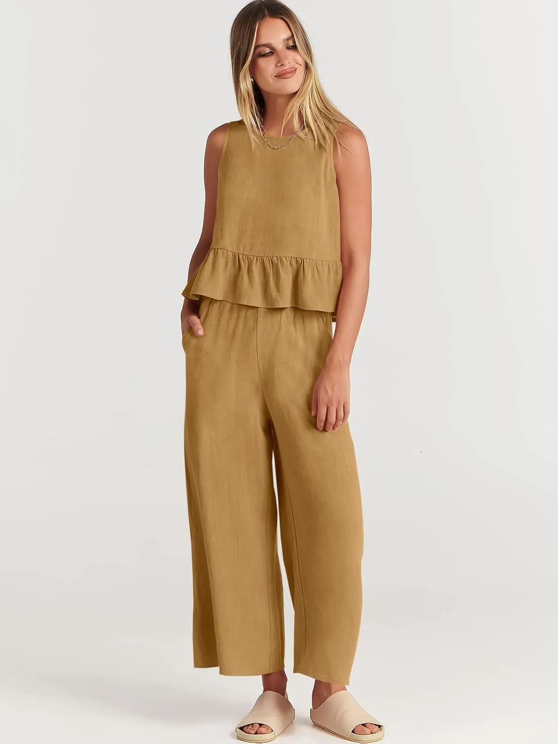 ANRABESS Women Summer 2 Piece Outfits Sleeveless Tank Crop Top Wide Leg Pants Linen Jumpsuits Lounge Matching Beach Sets