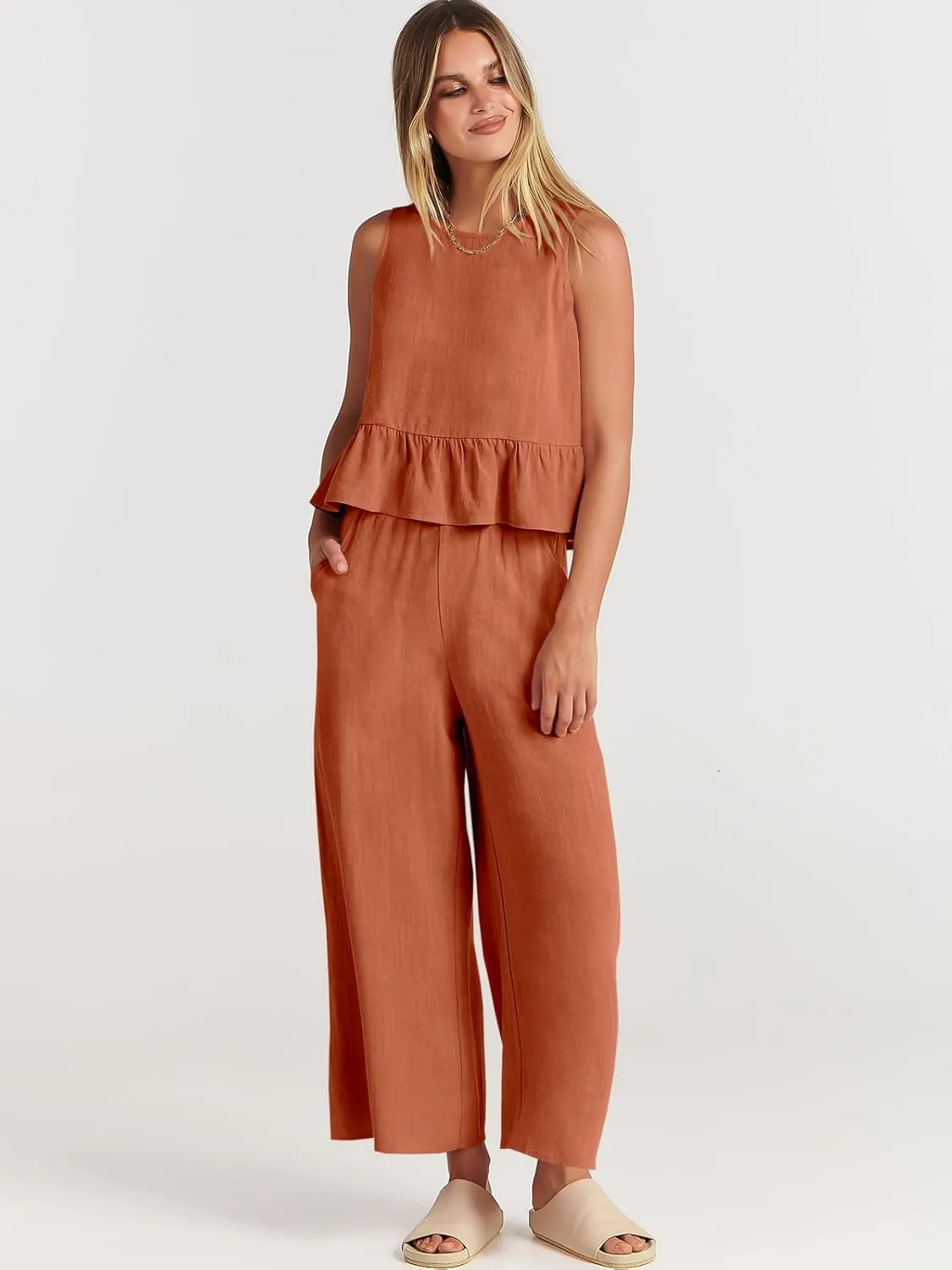 ANRABESS Women Summer 2 Piece Outfits Sleeveless Tank Crop Top Wide Leg Pants Linen Jumpsuits Lounge Matching Beach Sets
