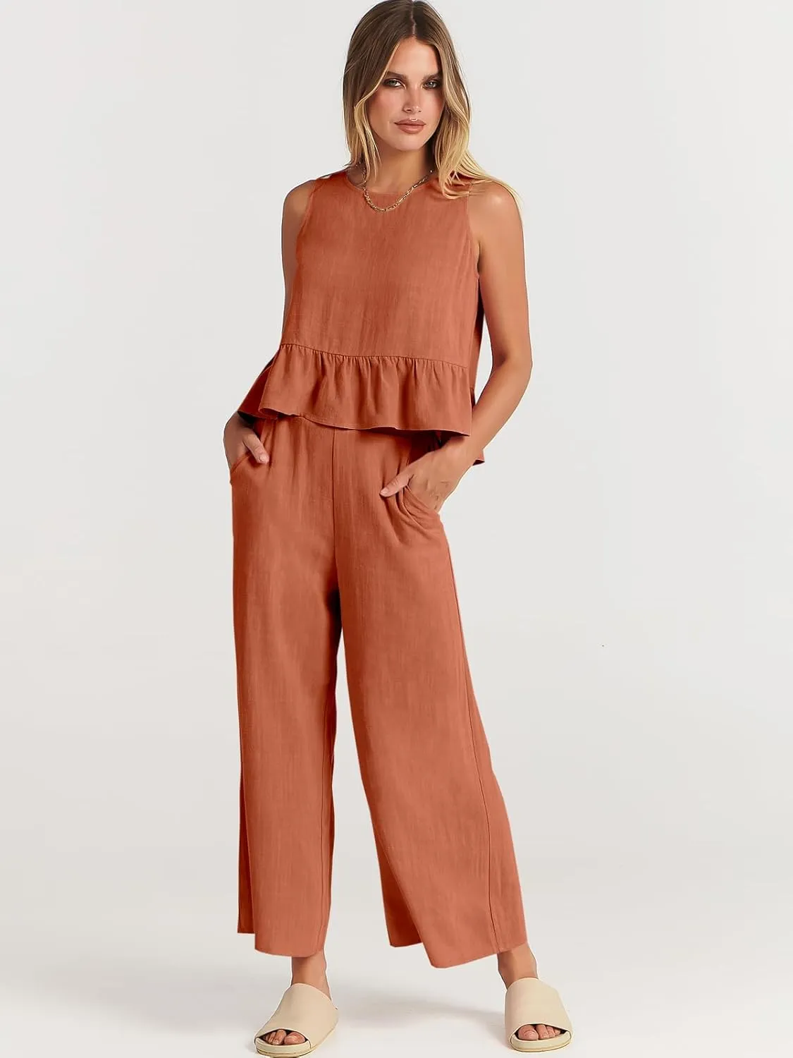 ANRABESS Women Summer 2 Piece Outfits Sleeveless Tank Crop Top Wide Leg Pants Linen Jumpsuits Lounge Matching Beach Sets
