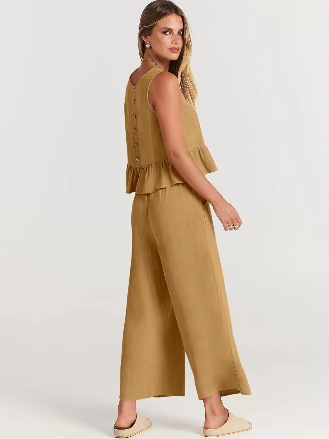 ANRABESS Women Summer 2 Piece Outfits Sleeveless Tank Crop Top Wide Leg Pants Linen Jumpsuits Lounge Matching Beach Sets