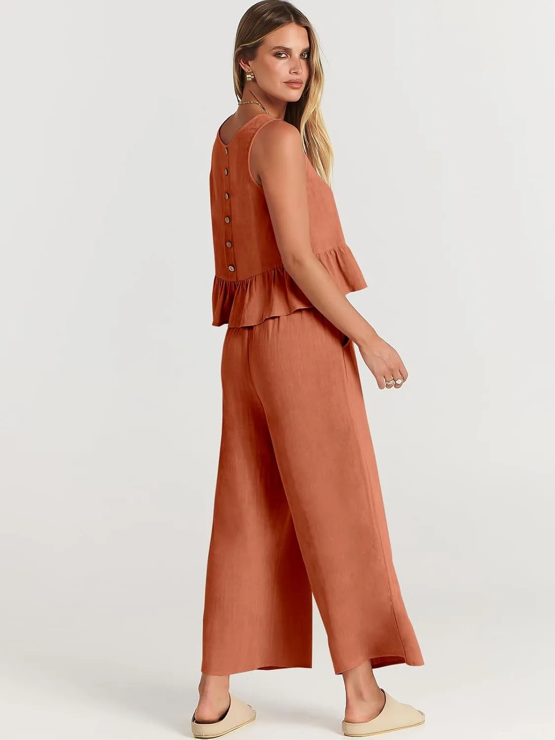 ANRABESS Women Summer 2 Piece Outfits Sleeveless Tank Crop Top Wide Leg Pants Linen Jumpsuits Lounge Matching Beach Sets