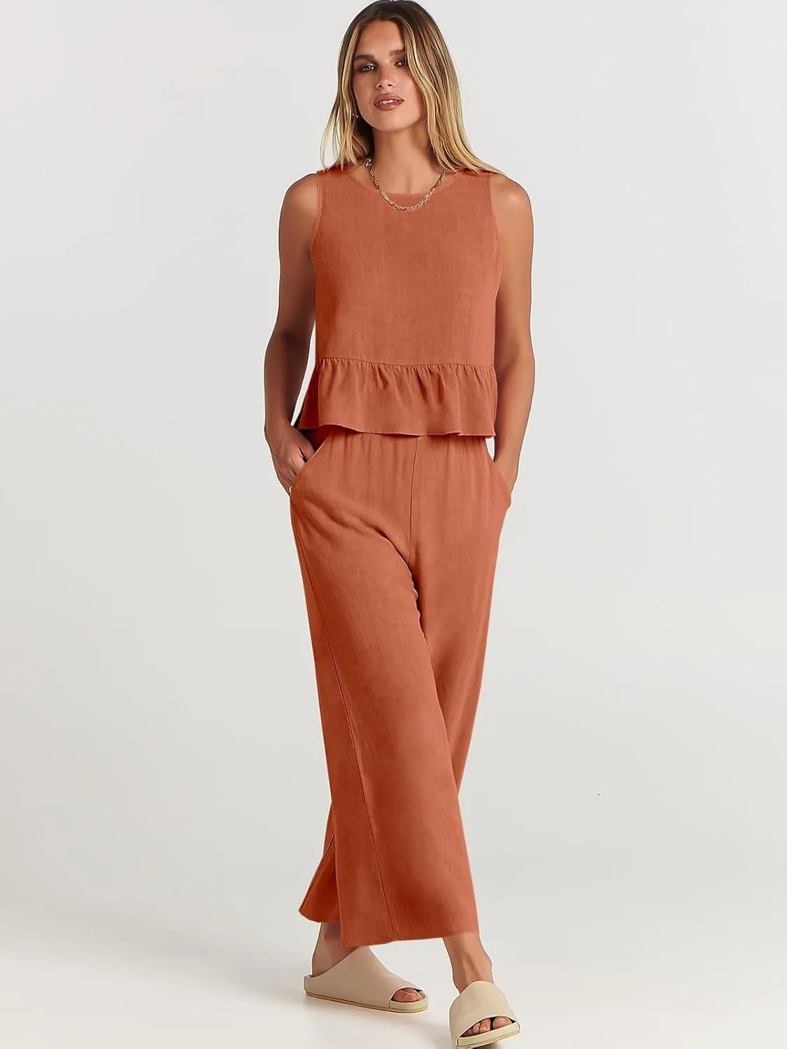 ANRABESS Women Summer 2 Piece Outfits Sleeveless Tank Crop Top Wide Leg Pants Linen Jumpsuits Lounge Matching Beach Sets